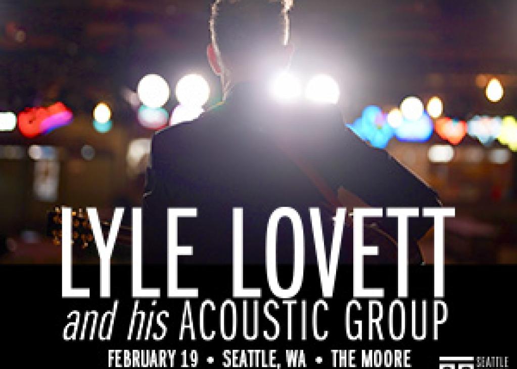 A silhouette shot of Lyle Lovett performing in front of a crowd