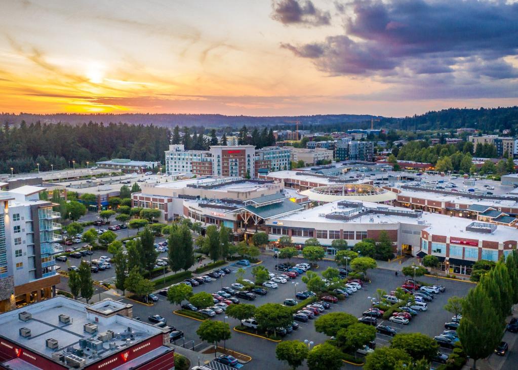 Aerial image of Redmond Town Center at sunset