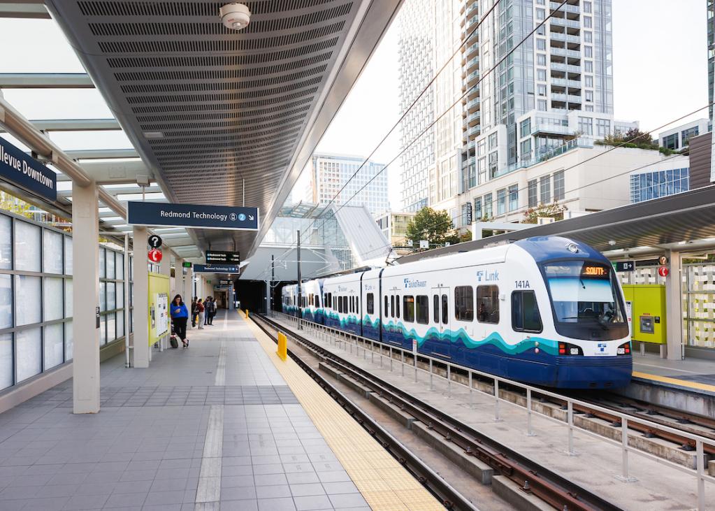 A Link train pulls into Bellevue Downtown Station