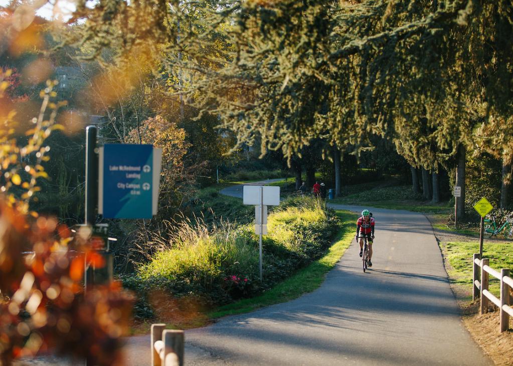 A cyclist on a paved trail in Redmond surrounded by trees and greenery