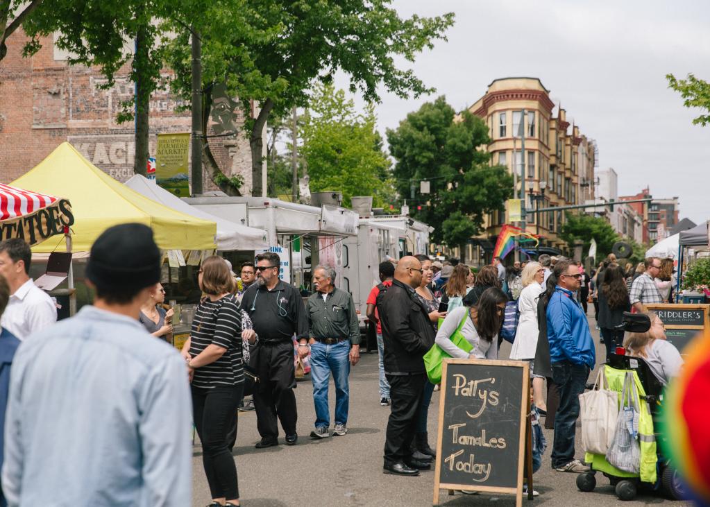 A crowd of people at the farmers market in Tacoma