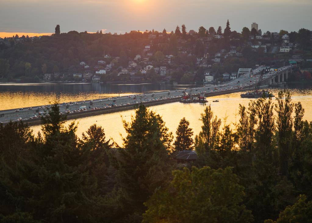Looking toward Seattle at Lake Washington during golden hour