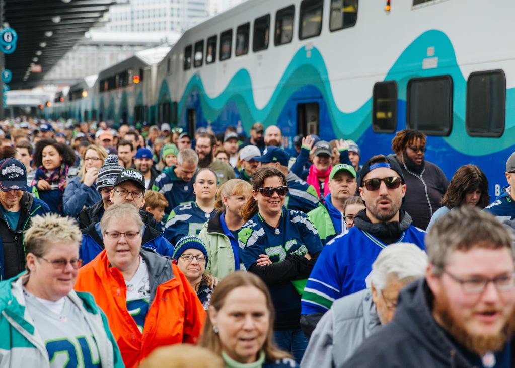 Seahawks fans exiting Sounder train