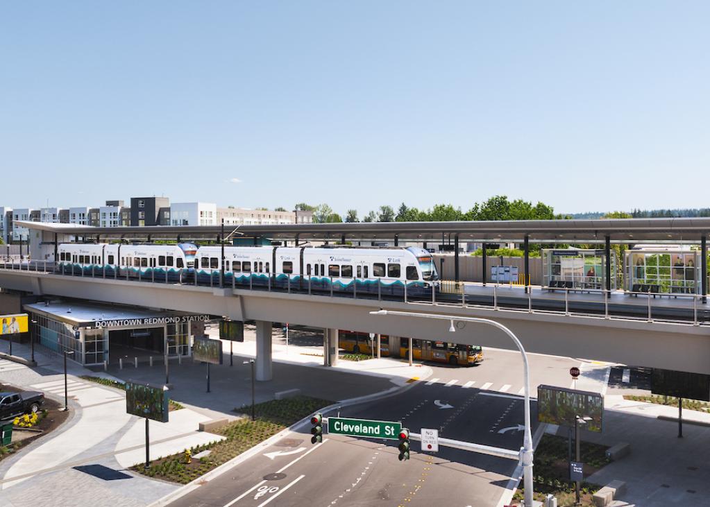 A Link train at Downtown Redmond Station on a sunny day