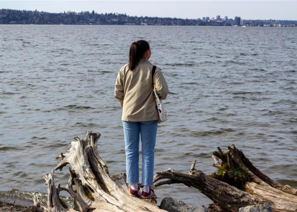 A person wearing jeans and a ponytail stands on a lakeshore facing the water