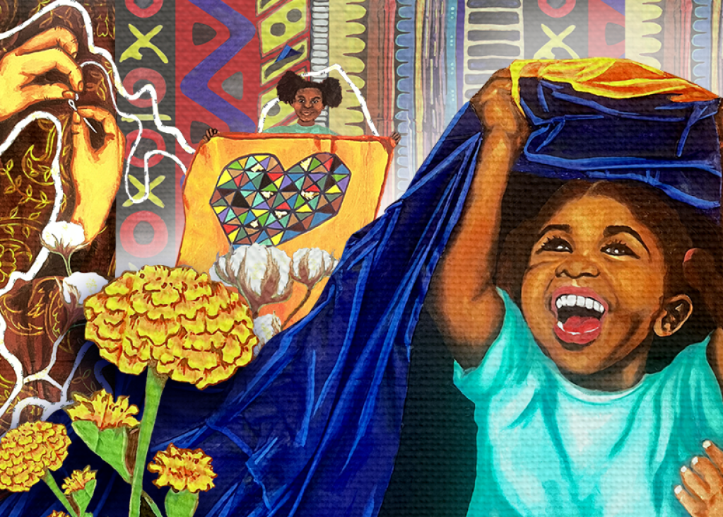 Illustration of a child lifting up a blanket with a smile on their face