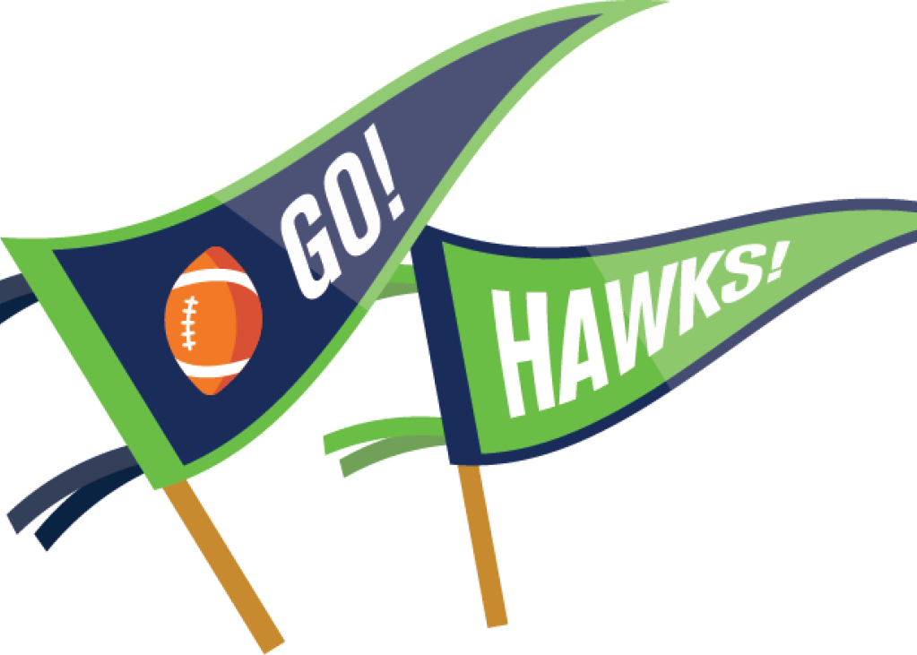 Green and blue flag graphics read "Go! Hawks!"