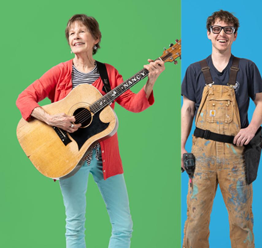 Community members carrying a guitar and a toolbelt pose for portraits.