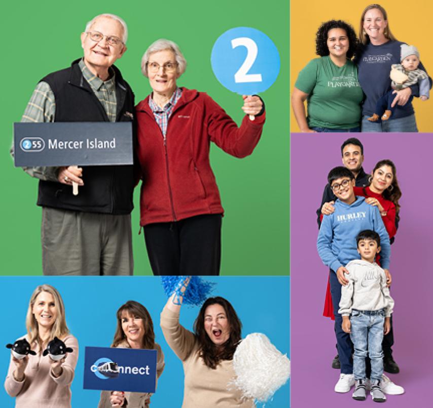 Community members hold up Link light rail signs while posing for portraits.