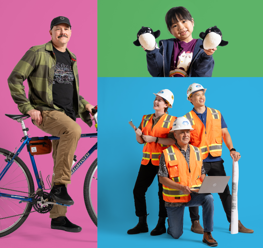 A person on a bike, a person holding stuffed orcas, and construction workers posing.