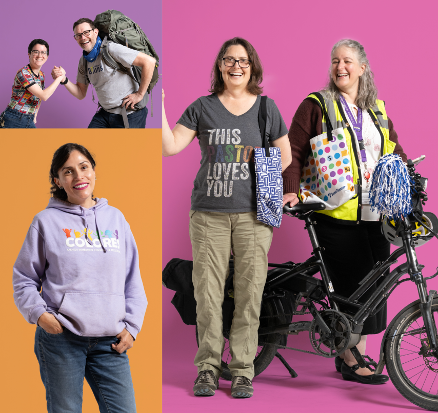 A photo of different people posing for photos. One person is with a bike. Two other people are clasping hands.
