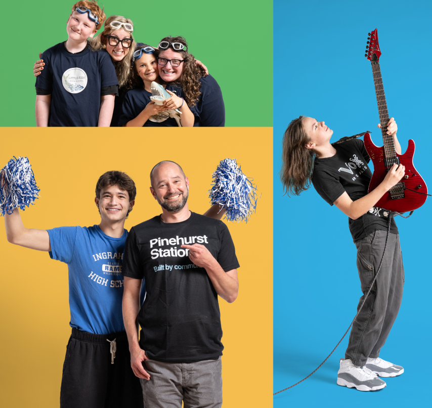 A group of people embrace for a photo, two other people hold pom-poms, and another person poses with a guitar.